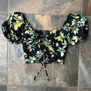 Lily Rose Lemon Print Crop Top Lace Up Front Size Small